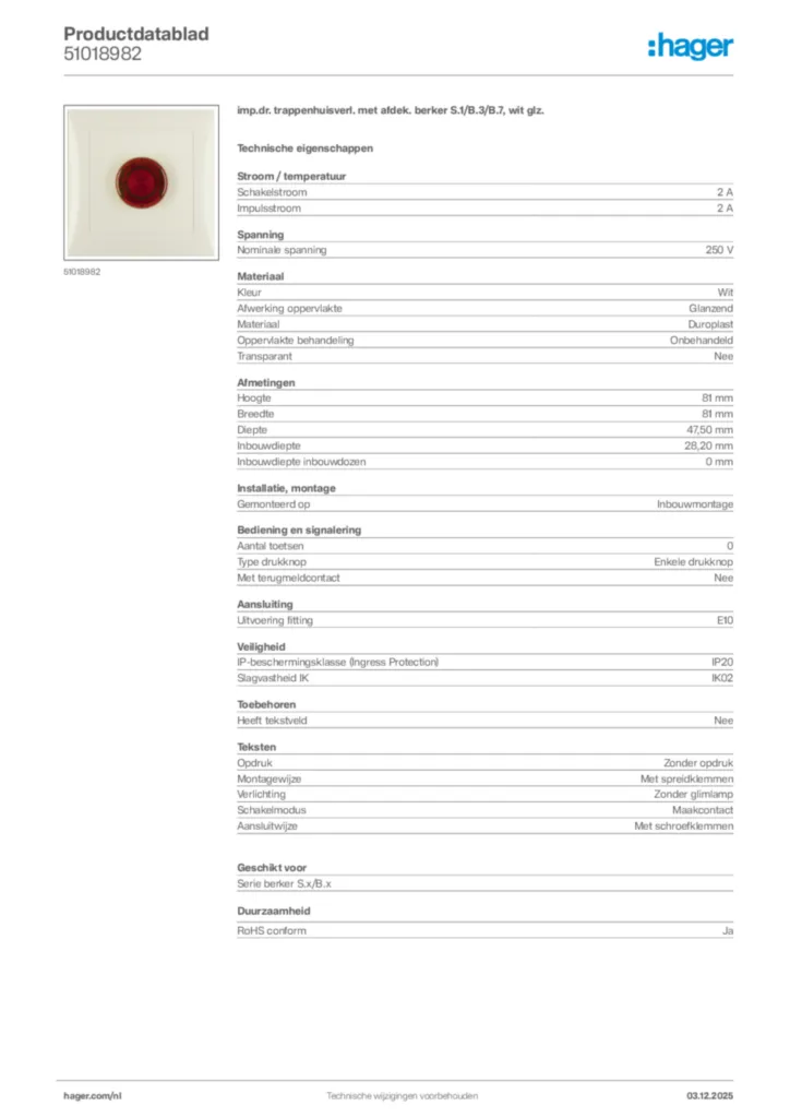Afbeelding Hager Productdatablad 51018982 | Hager Nederland