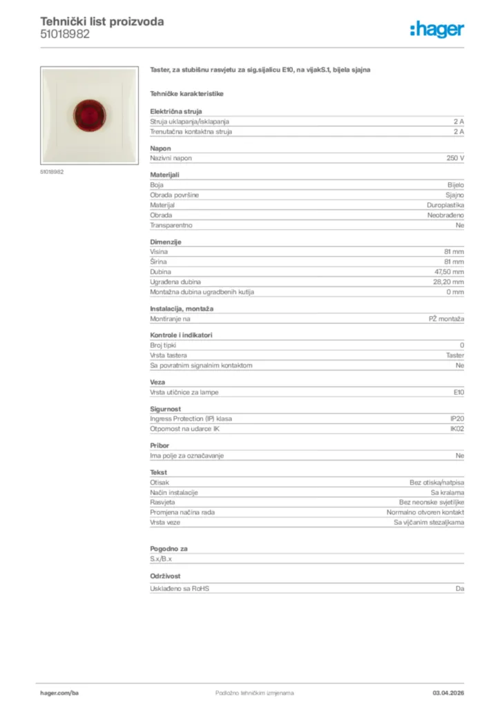 Slika Hager Tehnički list proizvoda 51018982  | Hager