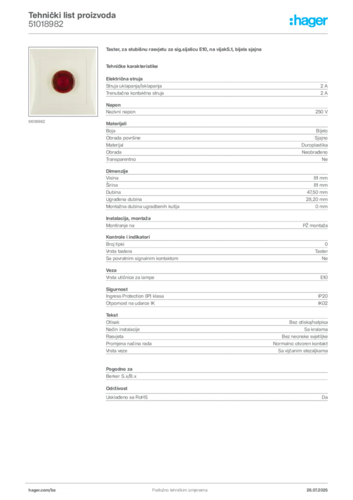 Slika Hager Product data sheet 51018982  | Hager