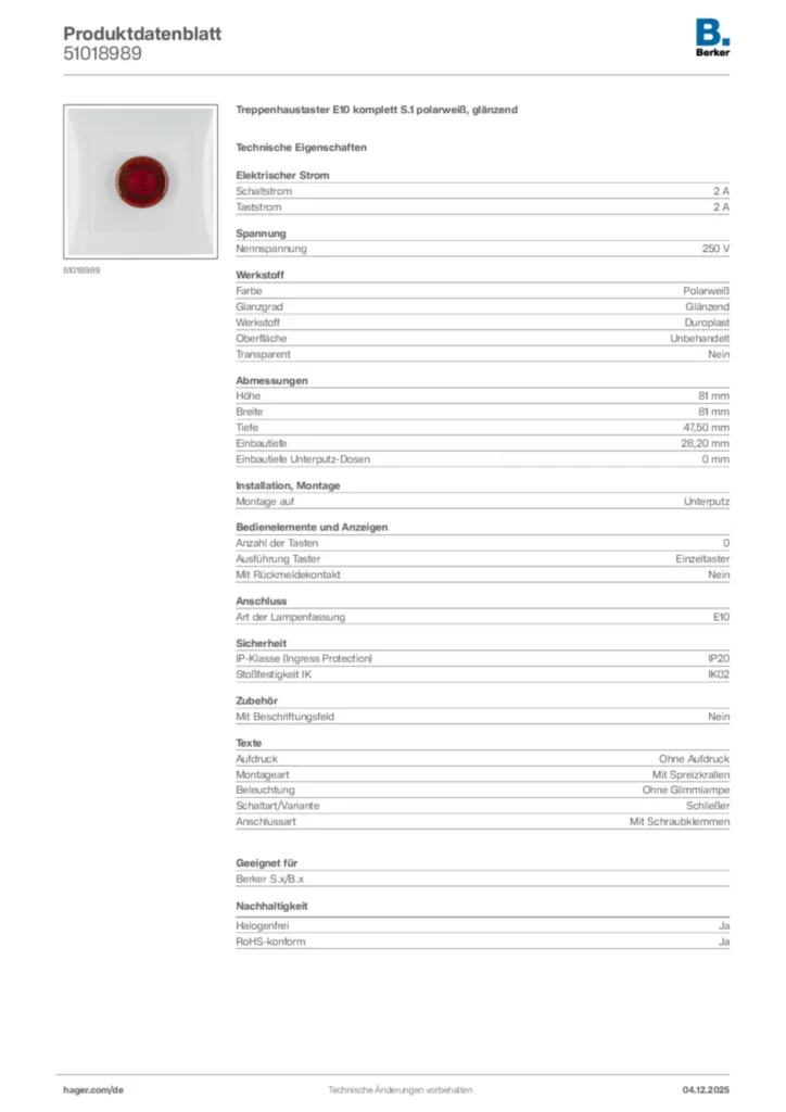 Bild Berker Produktdatenblatt 51018989 | Hager Deutschland