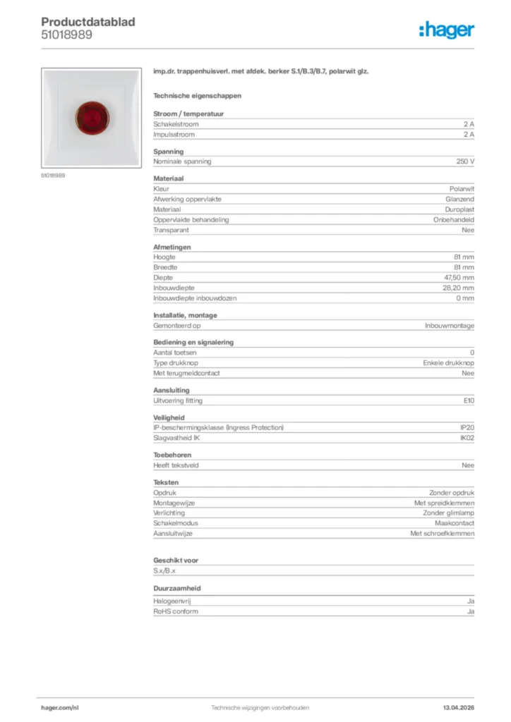 Afbeelding Hager Productdatablad 51018989 | Hager Nederland