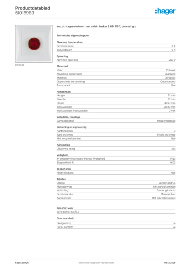 Afbeelding Hager Productdatablad 51018989 | Hager Nederland