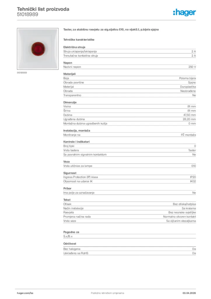 Slika Hager Tehnički list proizvoda 51018989  | Hager