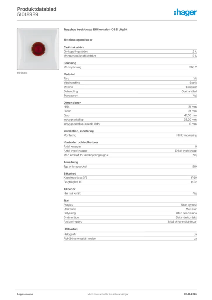 Bild Hager Produktdatablad 51018989 | Hager Sverige