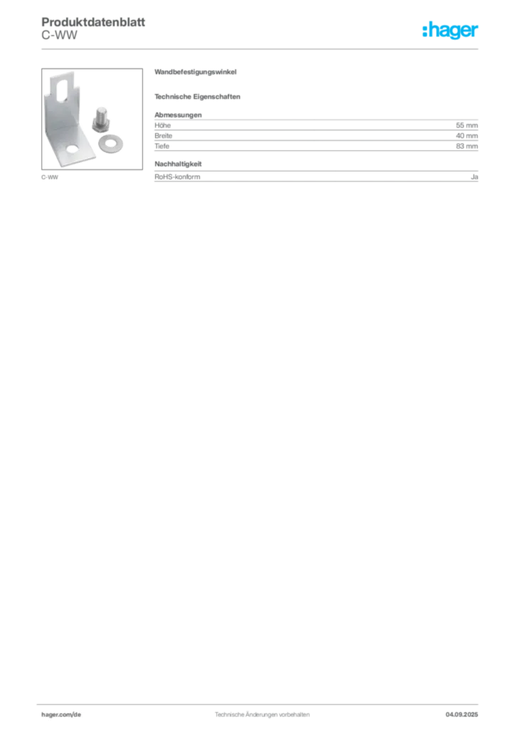 Bild Hager Produktdatenblatt C-WW | Hager Deutschland