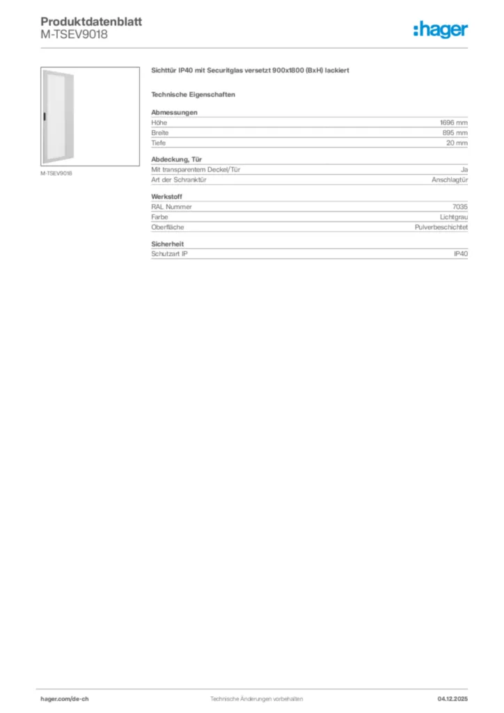Bild Hager Produktdatenblatt M-TSEV9018 | Hager Schweiz