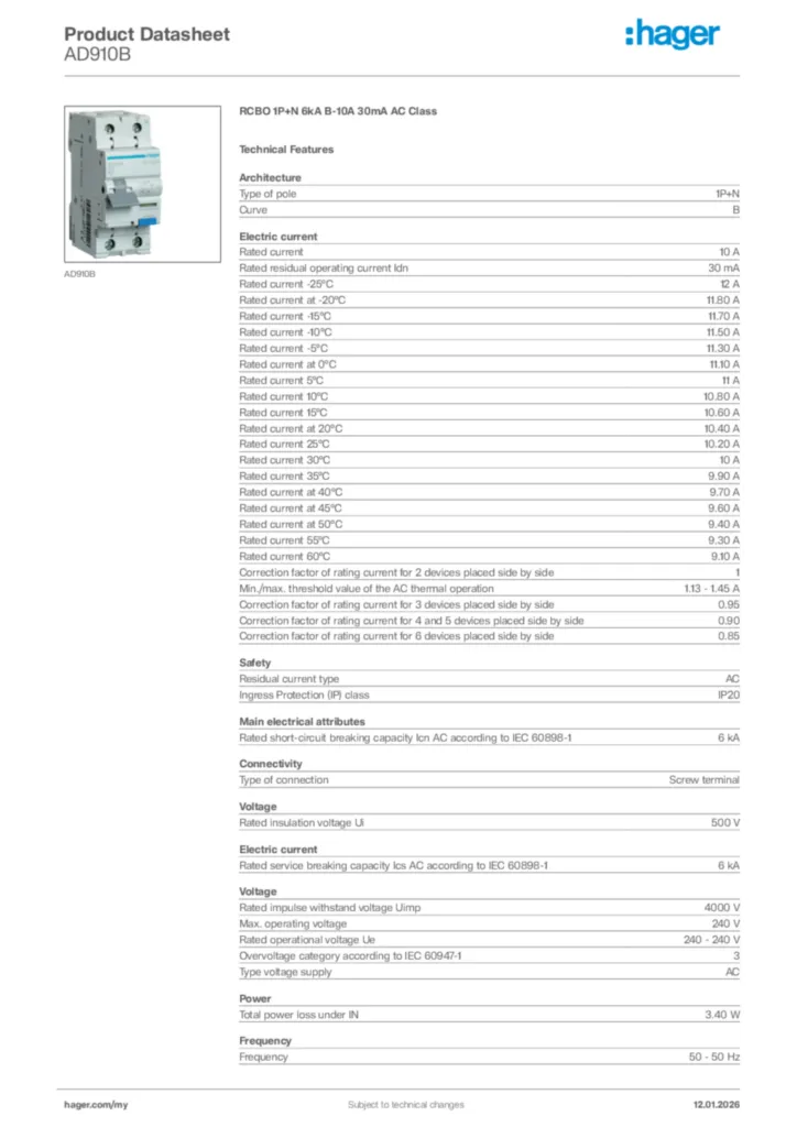 Image Hager Product data sheet AD910B  | Hager