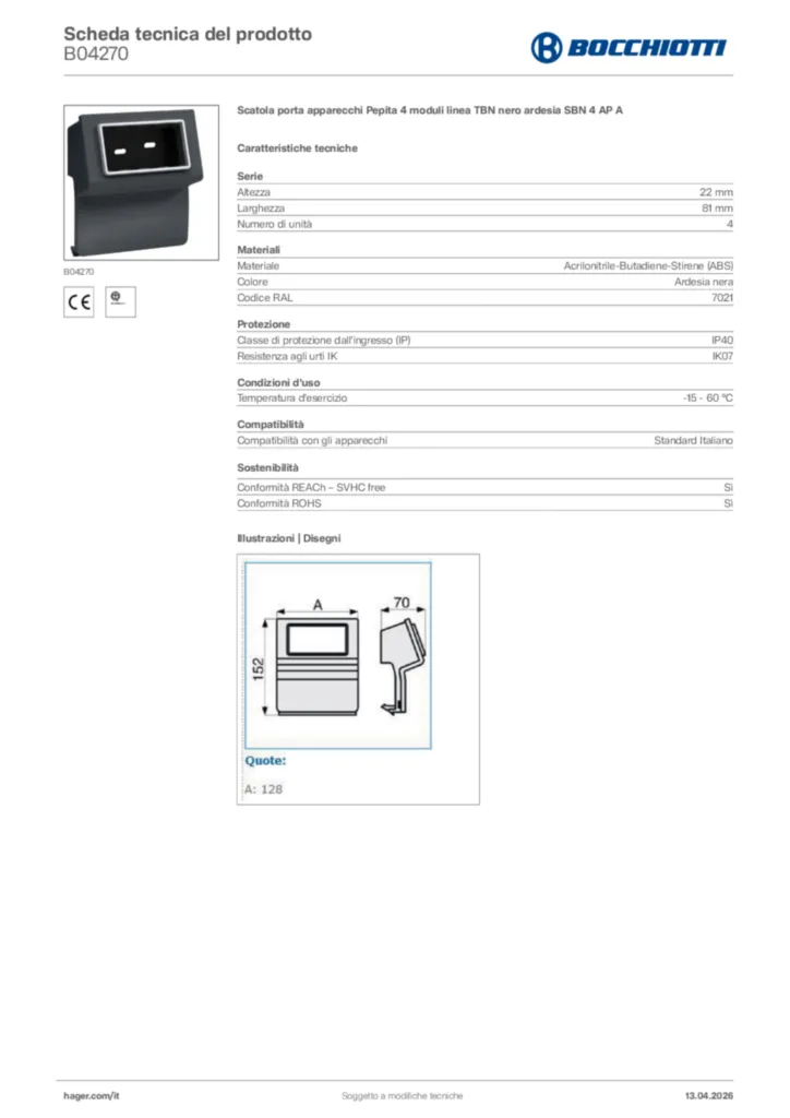 Immagine Bocchiotti Scheda tecnica del prodotto B04270 | Hager Italia