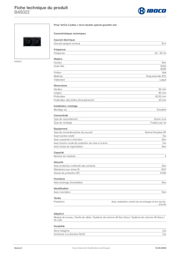 Image Iboco Fiche technique du produit B45022 | Hager France