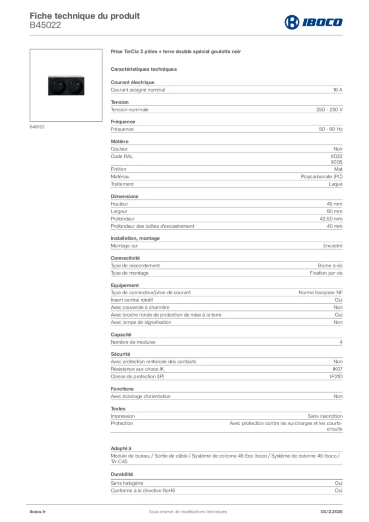 Image Iboco Fiche technique du produit B45022 | Hager France