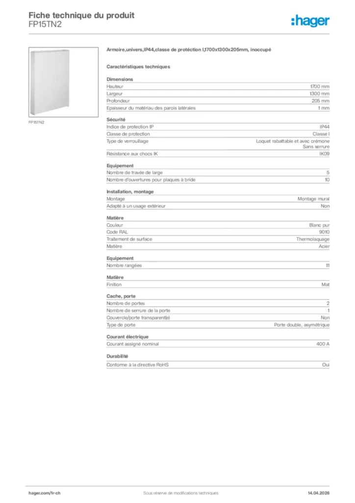 Image Hager Fiche technique du produit FP15TN2 | Hager Suisse