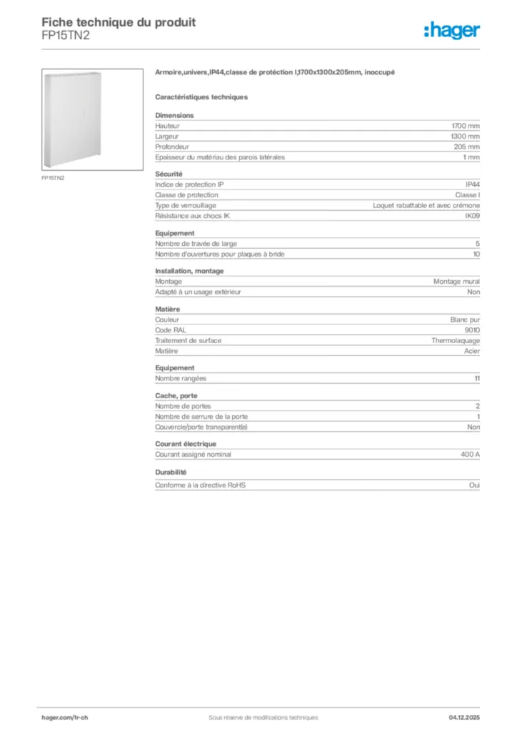 Image Hager Fiche technique du produit FP15TN2 | Hager Suisse