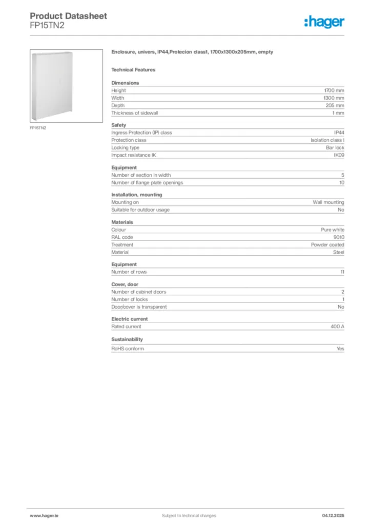 Image Hager Product data sheet FP15TN2  | Hager