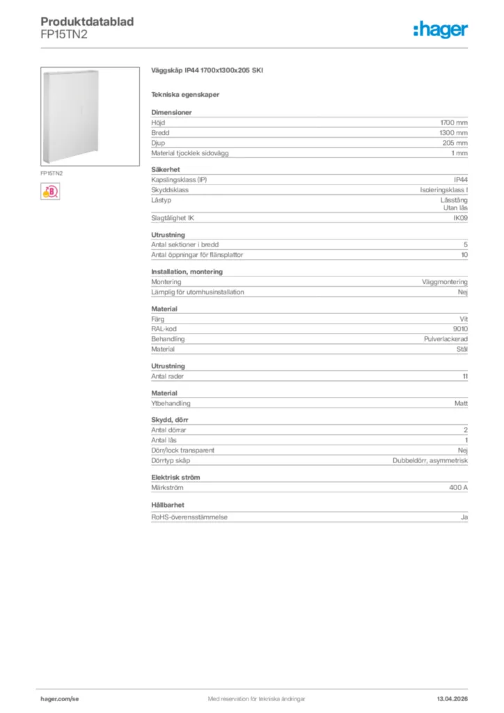 Bild Hager Produktdatablad FP15TN2 | Hager Sverige