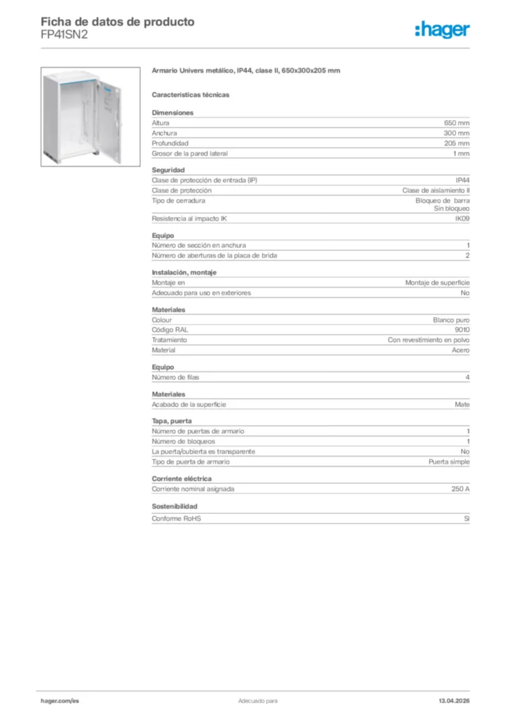 Imagen Hager Ficha de datos de producto FP41SN2 | Hager España