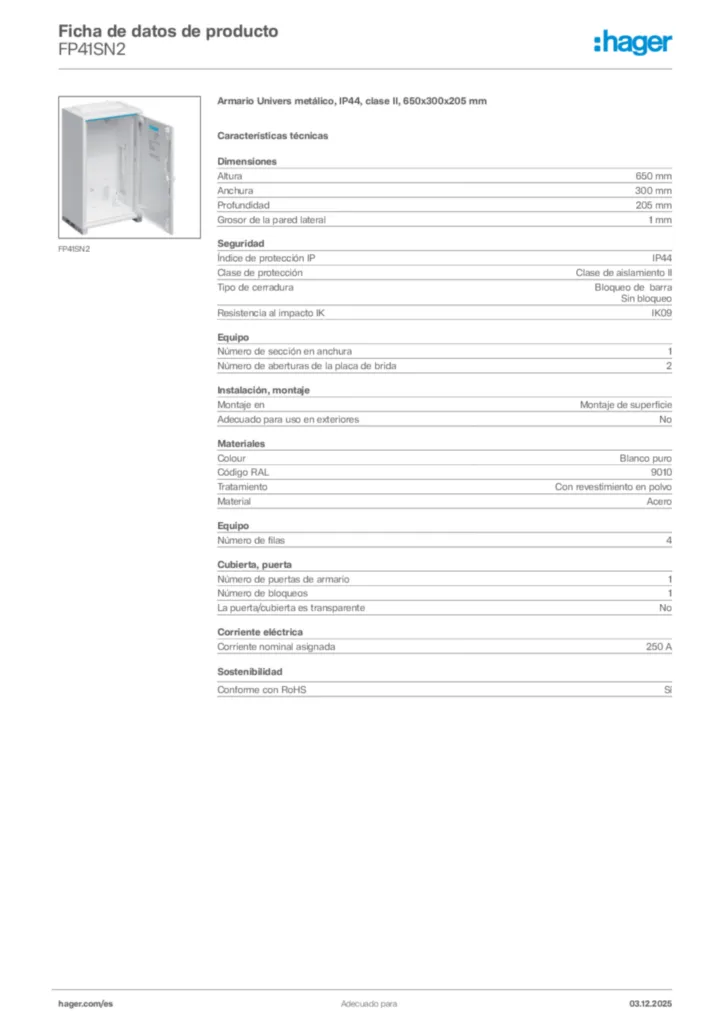 Imagen Hager Ficha de datos de producto FP41SN2 | Hager España