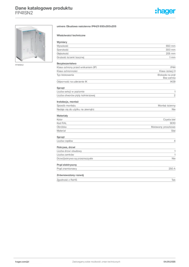 Zdjęcie Hager Dane katalogowe produktu FP41SN2 | Hager Polska