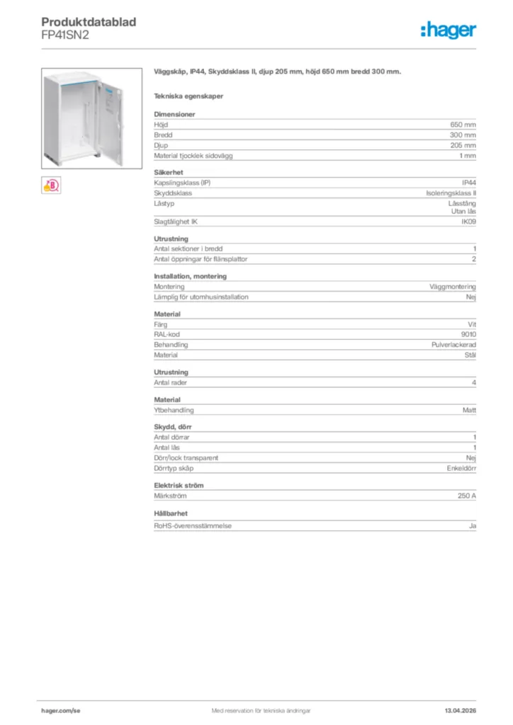 Bild Hager Produktdatablad FP41SN2 | Hager Sverige