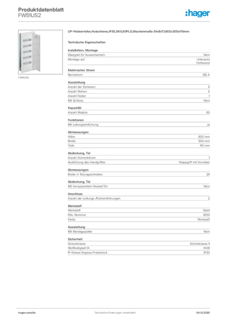 Bild Hager Produktdatenblatt FW51US2 | Hager Deutschland