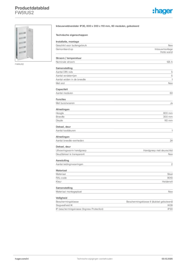Afbeelding Hager Productdatablad FW51US2 | Hager Nederland