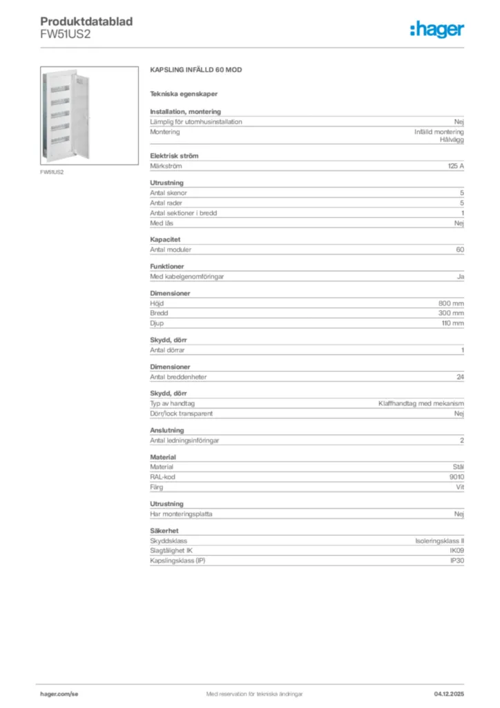 Bild Hager Produktdatablad FW51US2 | Hager Sverige
