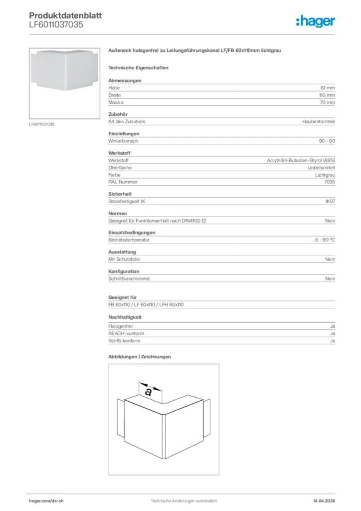 Bild Hager Produktdatenblatt LF6011037035 | Hager Schweiz