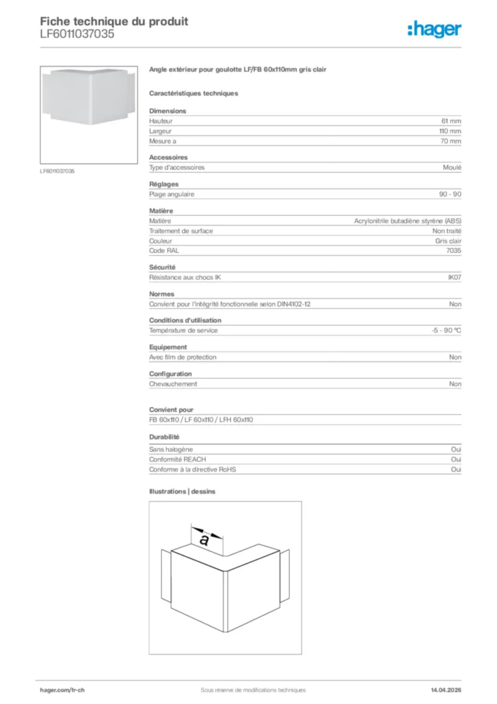 Image Hager Fiche technique du produit LF6011037035 | Hager Suisse