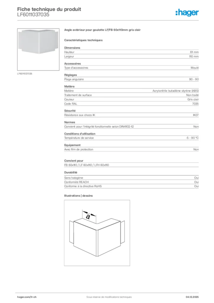 Image Hager Fiche technique du produit LF6011037035 | Hager Suisse