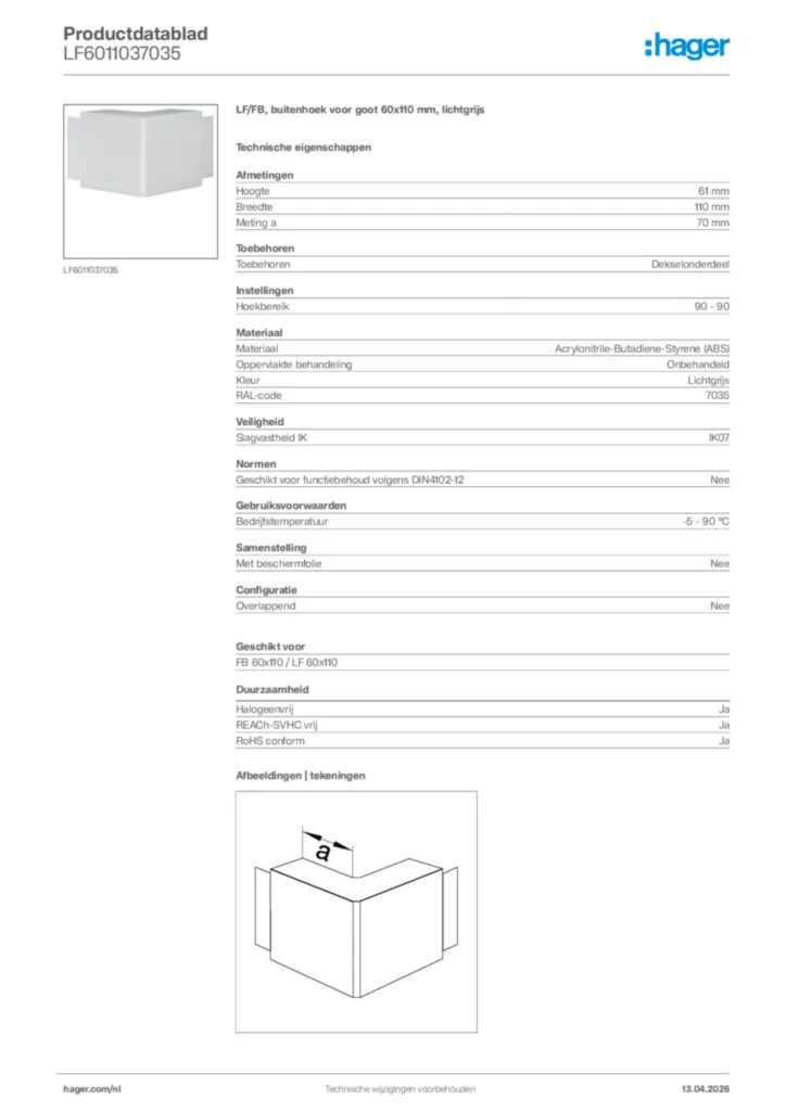 Afbeelding Hager Productdatablad LF6011037035 | Hager Nederland