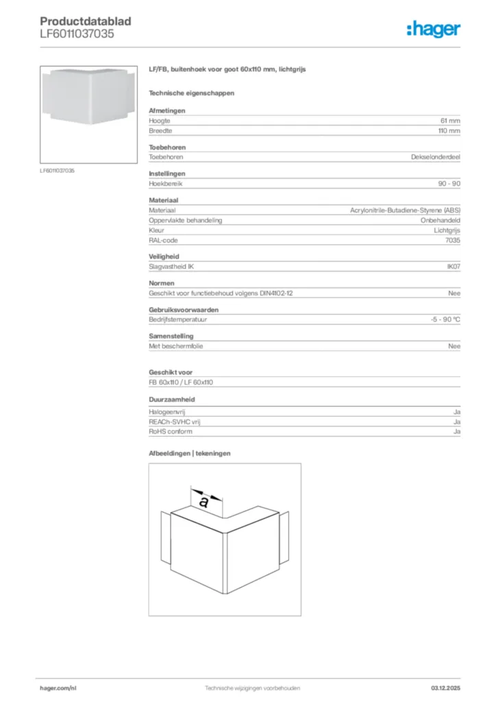 Afbeelding Hager Productdatablad LF6011037035 | Hager Nederland