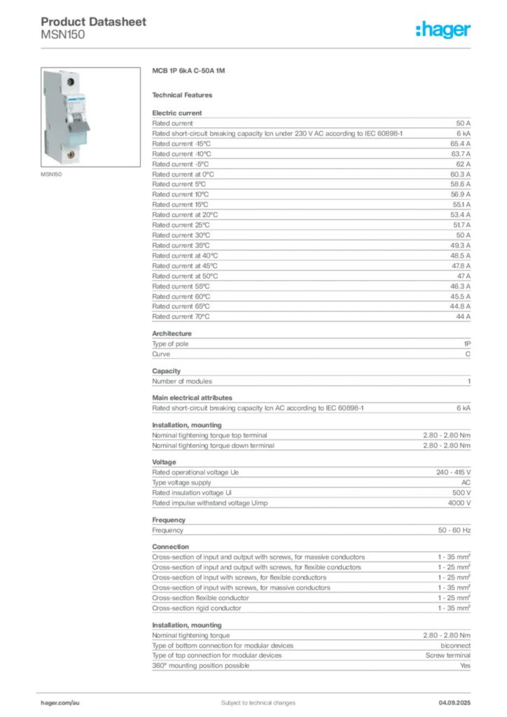 Image Hager Product data sheet MSN150  | Hager Australia