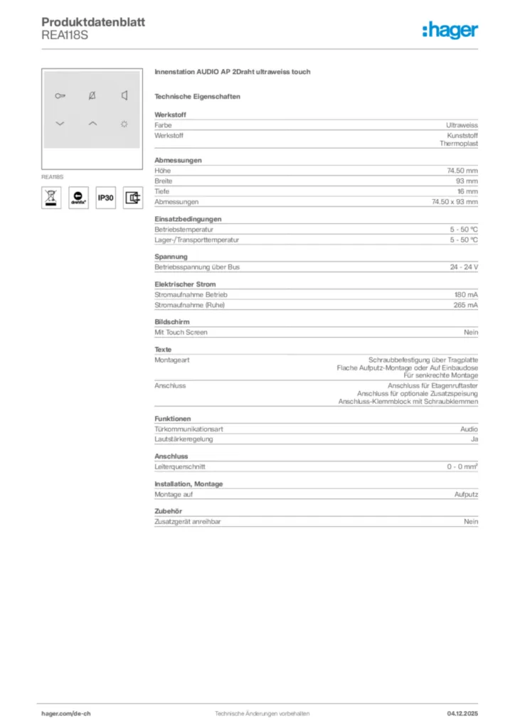 Bild Hager Produktdatenblatt REA118S | Hager Schweiz