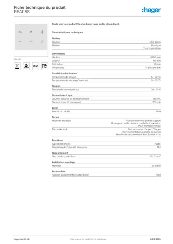 Image Hager Fiche technique du produit REA118S | Hager Suisse