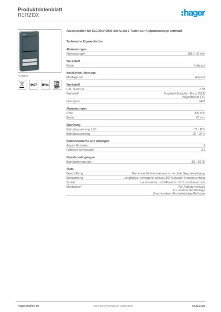 Bild Hager Produktdatenblatt RER213X | Hager Schweiz