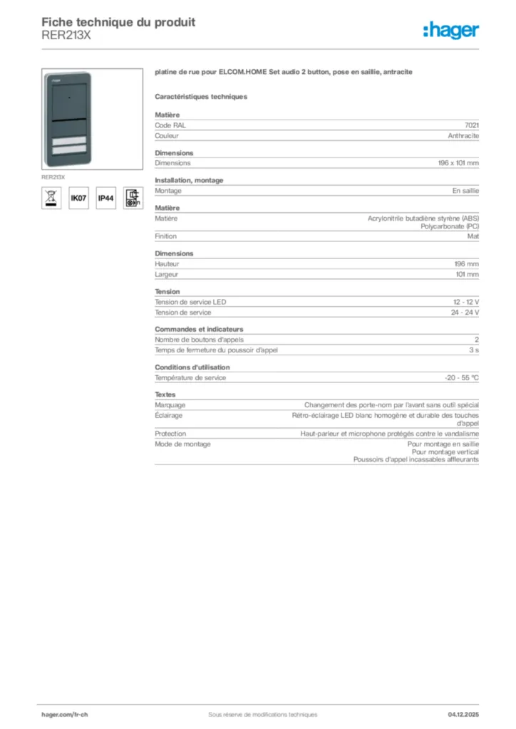 Image Hager Fiche technique du produit RER213X | Hager Suisse