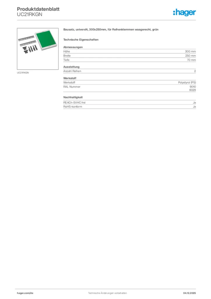 Bild Hager Produktdatenblatt UC21RKGN | Hager Deutschland
