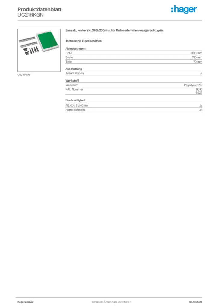 Bild Hager Produktdatenblatt UC21RKGN | Hager Deutschland