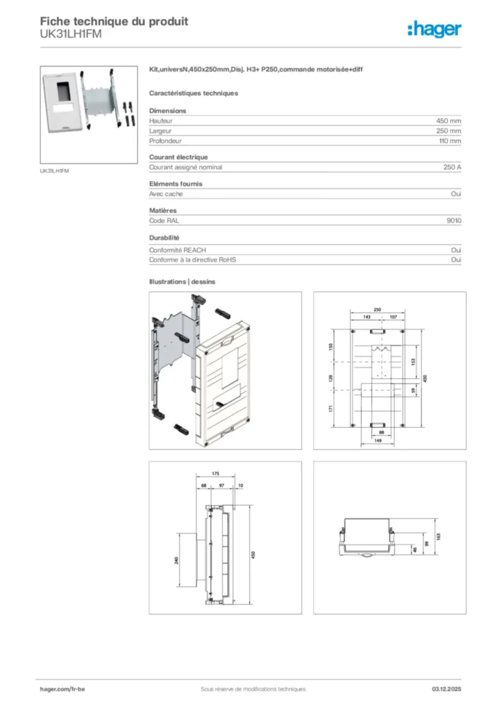Image Hager Fiche technique du produit UK31LH1FM | Hager Belgique