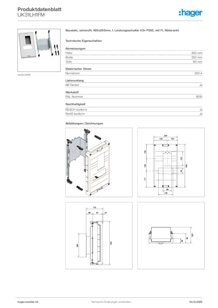 Bild Hager Produktdatenblatt UK31LH1FM | Hager Schweiz