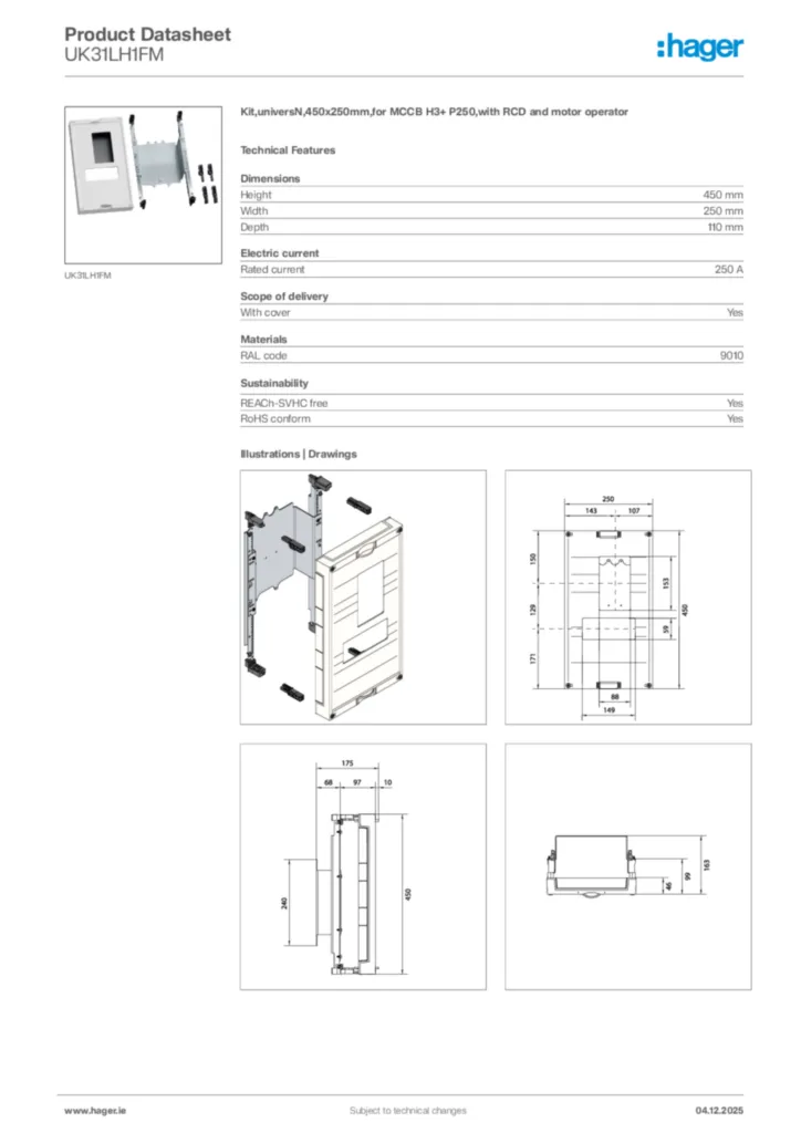 Image Hager Product data sheet UK31LH1FM  | Hager