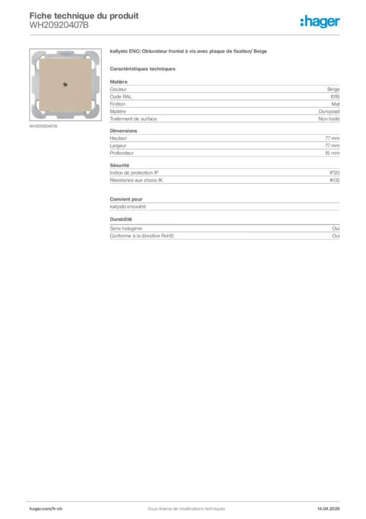 Image Hager Fiche technique du produit WH20920407B | Hager Suisse