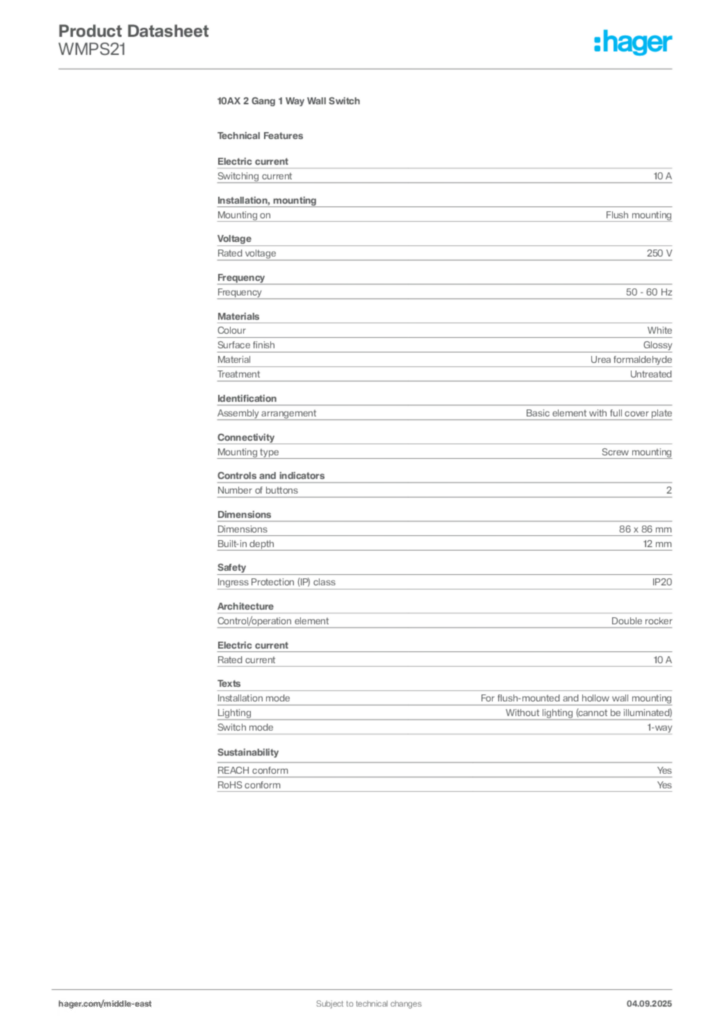Image Hager Product data sheet WMPS21  | Hager