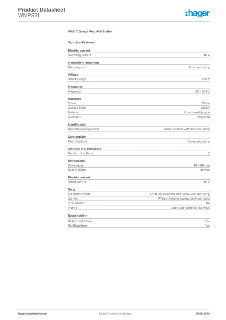 Image Hager Product data sheet WMPS21  | Hager