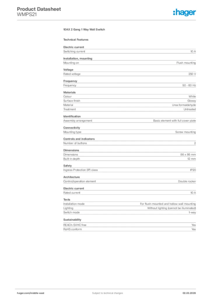 Image Hager Product data sheet WMPS21  | Hager
