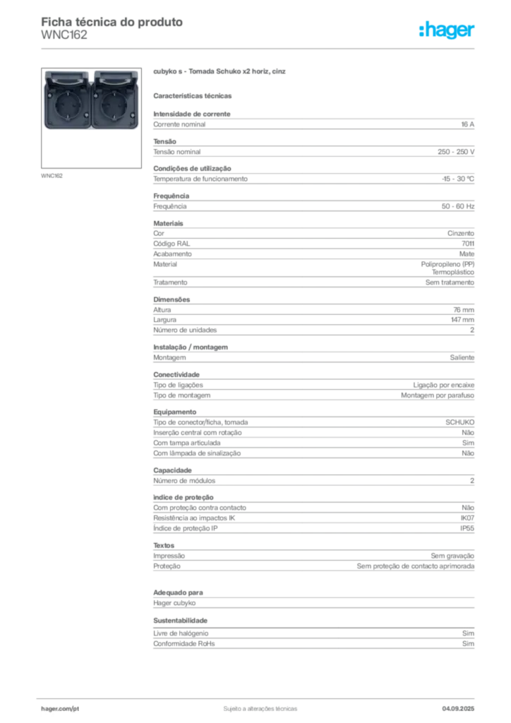 Imagem Hager Ficha técnica do produto WNC162 | Hager Portugal