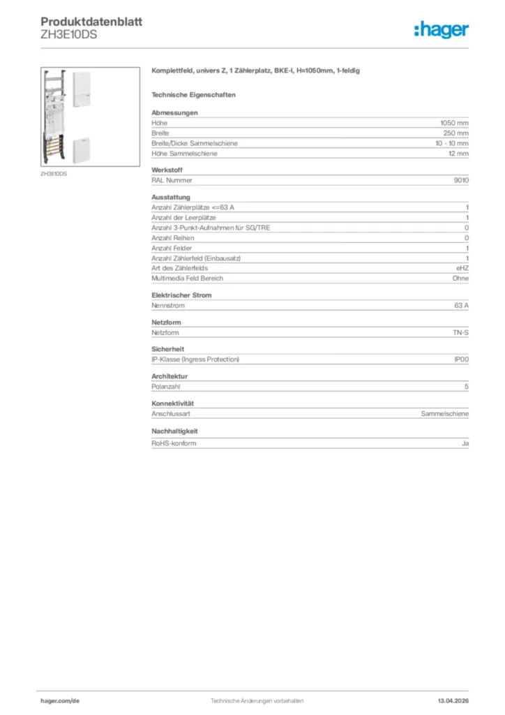 Bild Hager Produktdatenblatt ZH3E10DS | Hager Deutschland
