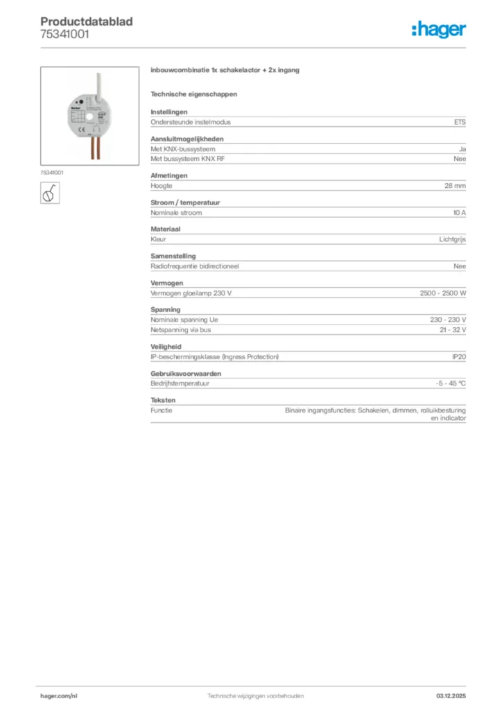 Afbeelding Hager Productdatablad 75341001 | Hager Nederland