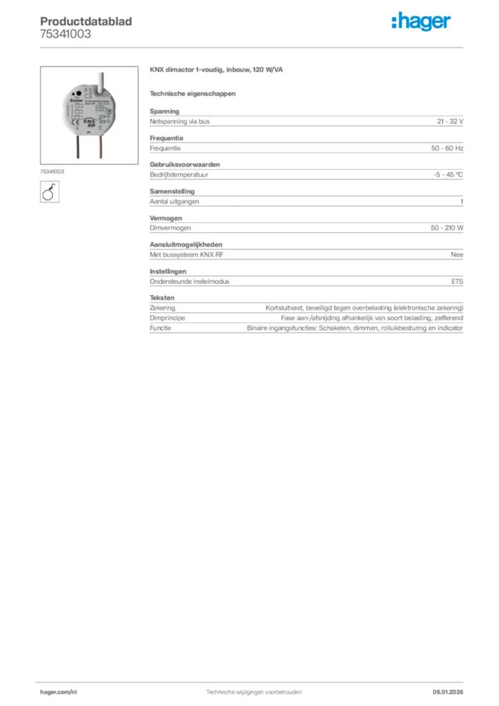 Afbeelding Hager Productdatablad 75341003 | Hager Nederland