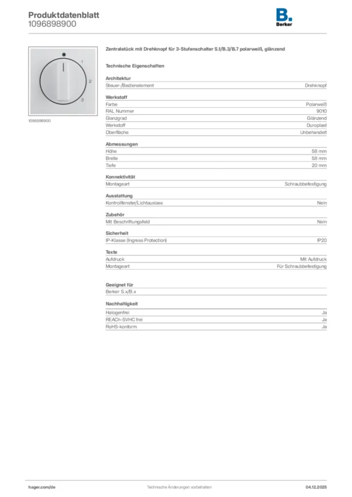 Berker Produktdatenblatt 1096898900