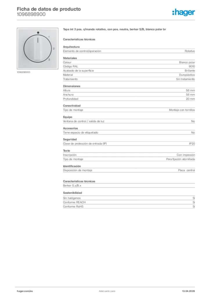 Imagen Hager Ficha de datos de producto 1096898900 | Hager España